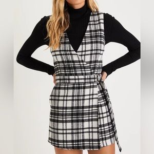 White and Black Plaid Skort Wrap Romper